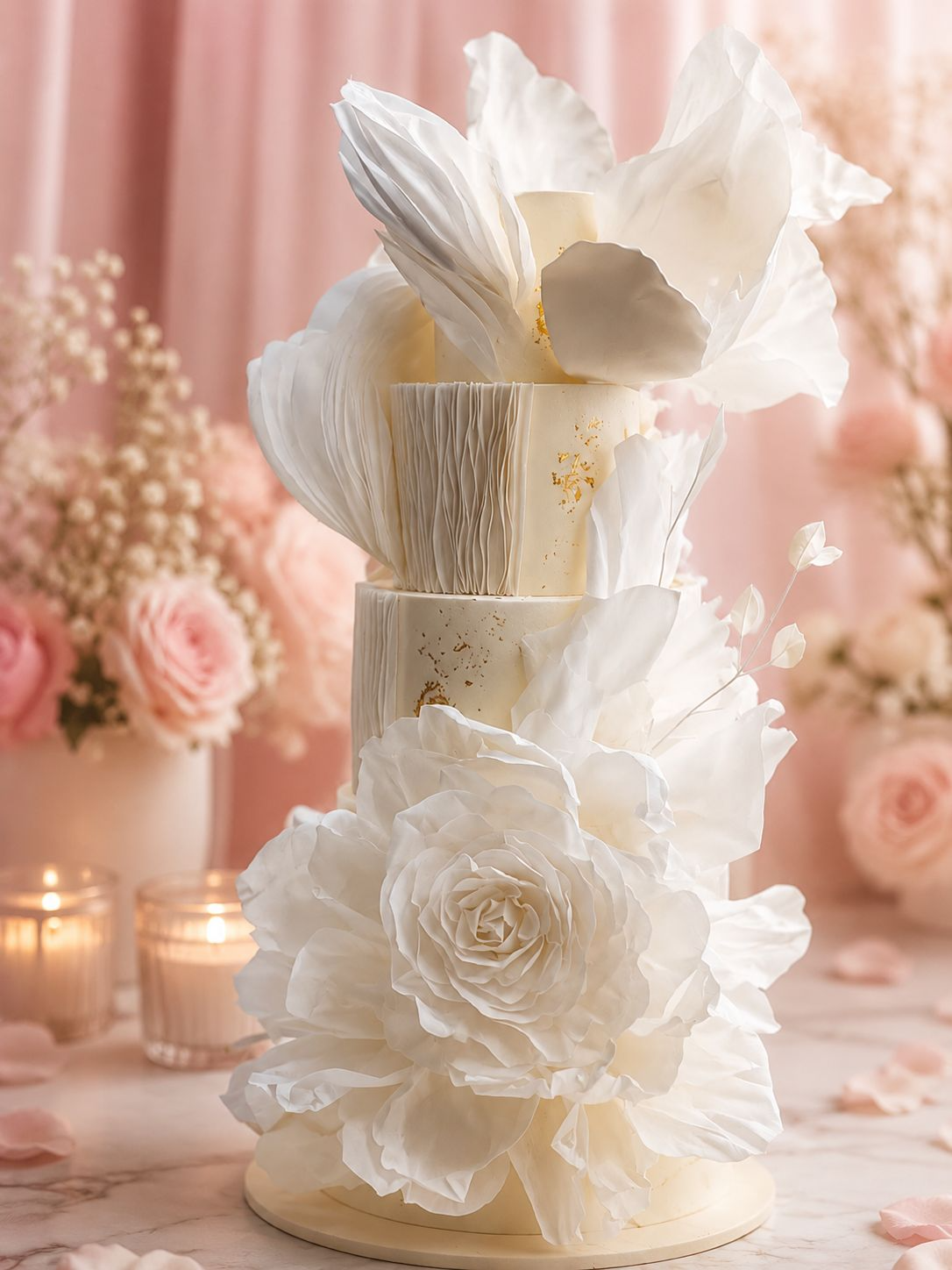 Bolo de casamento branco com flores de açúcar e detalhes dourados